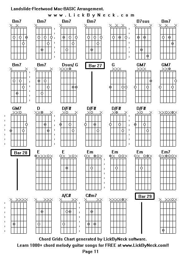 Chord Grids Chart of chord melody fingerstyle guitar song-Landslide-Fleetwood Mac-BASIC Arrangement,generated by LickByNeck software.